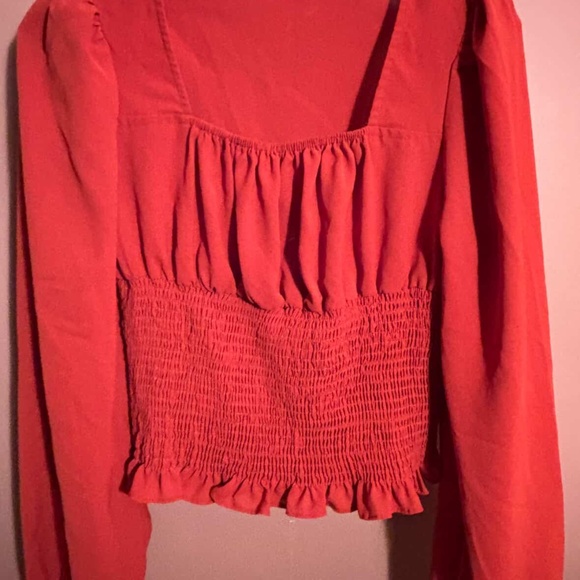 red/orange long-sleeve smocked square neck peplum top - Picture 2 of 4